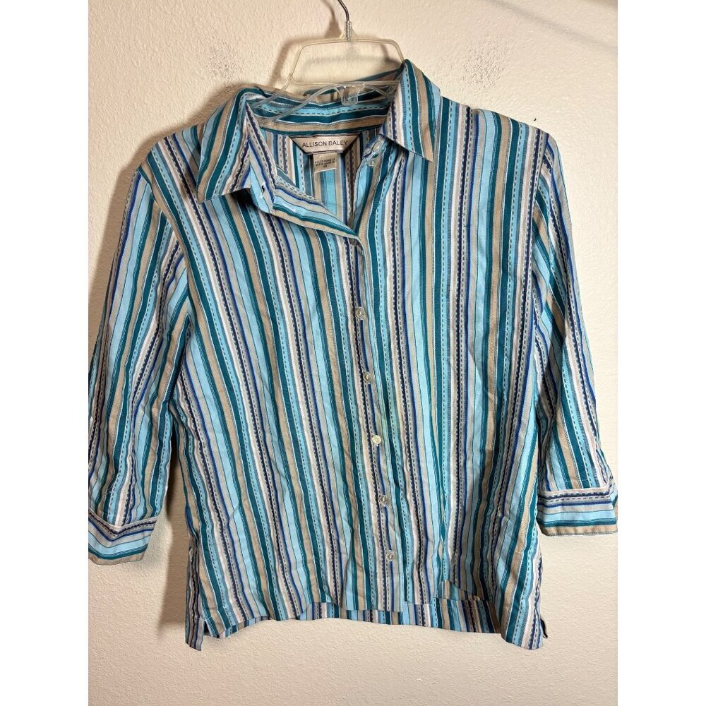 Allison Daley Button Up Blouse Retro Striped Granny Business Casual Size 10